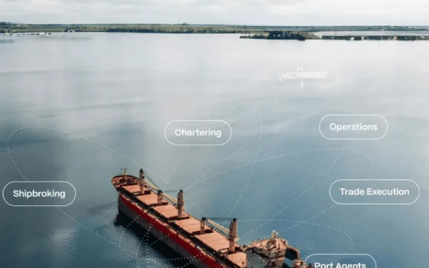 A bulk carrier at sea, annotated with Sedna workflow labels
